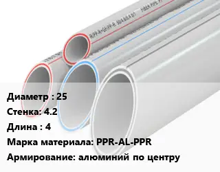 Труба полипропиленовая 25 s=4.2 L=4 PPR-AL-PPR алюминий по центру